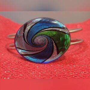 Dichroic Art Glass Hinged Cuff Bracelet Silver Tone Blue/Green/Black Swirl